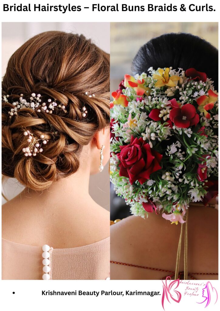 Bridal hairstyle with floral bun at Krishnaveni Beauty Parlour Karimnagar