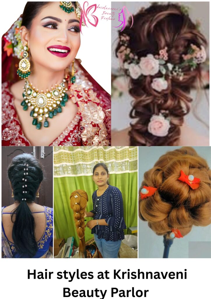 “Bridal hairstyle with floral bun at Krishnaveni Parlour – hair care styling”

